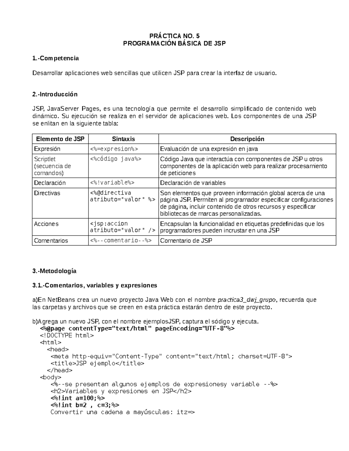 Practica 5 intro JSP - Apuntes 1-2 - PRÁCTICA NO. 5 PROGRAMACIÓN BÁSICA ...