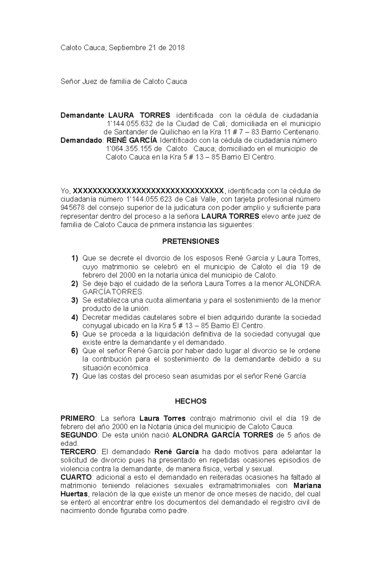 Modelo de Demanda de divorcio CGP - Caloto Septiembre 21 de 2018 Juez de  familia de Caloto Cauca - Studocu