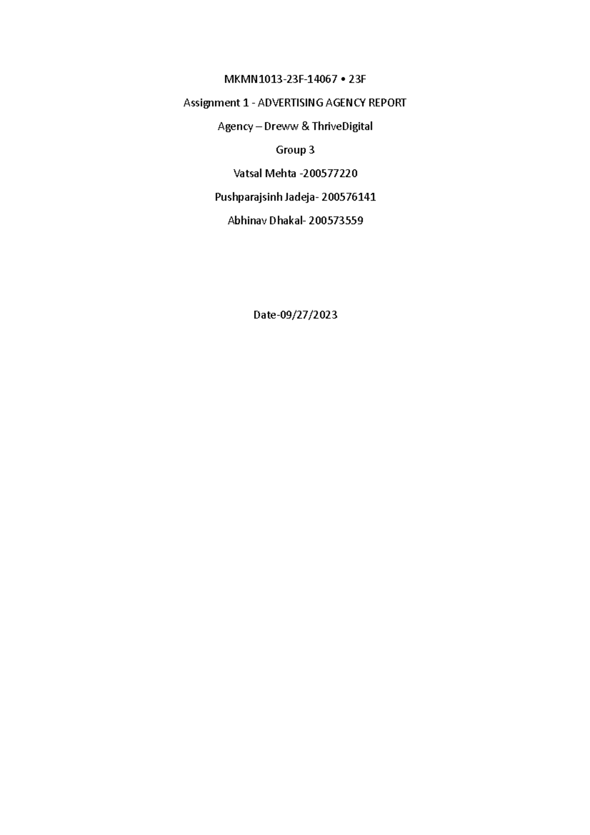 Agency report final draft Group 3 MKMN101323F14067 • 23F Assignment