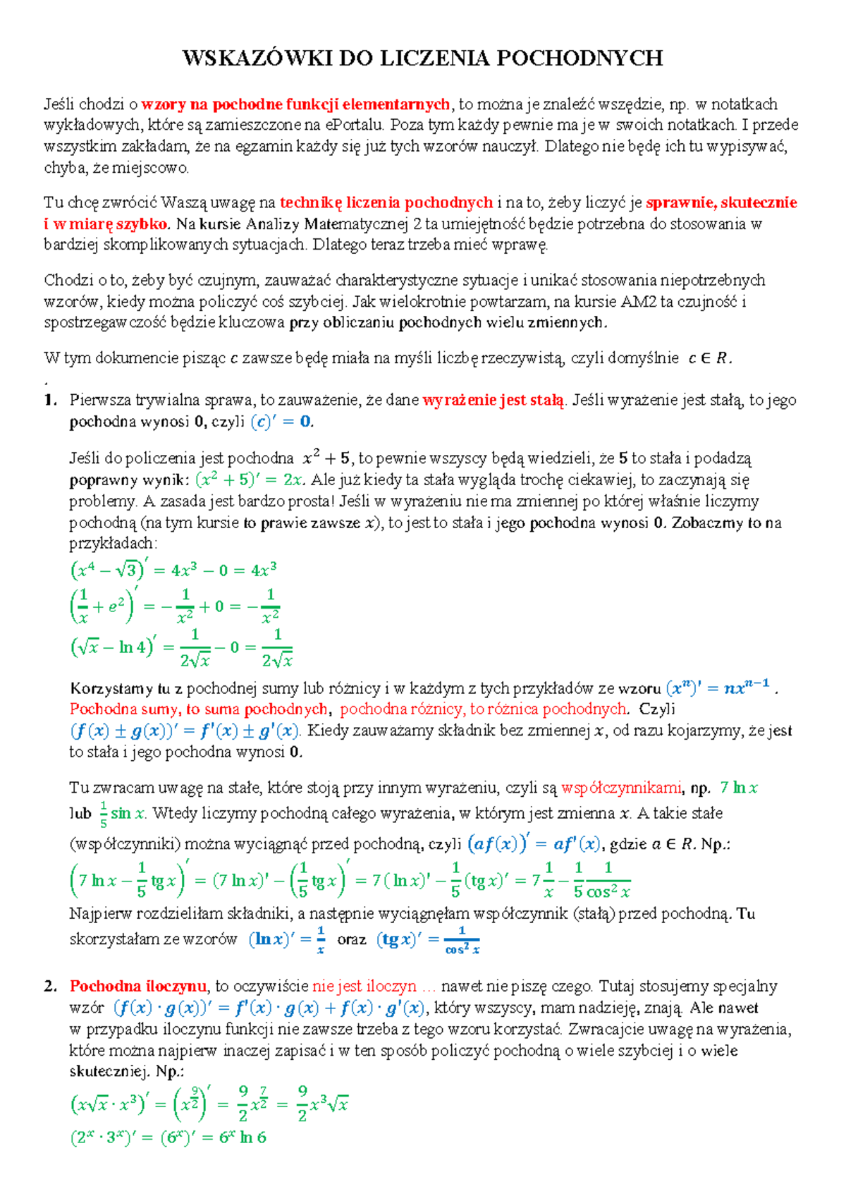 Wskazówki DO Liczenia Pochodnych - WSKAZÓWKI DO LICZENIA POCHODNYCH ...