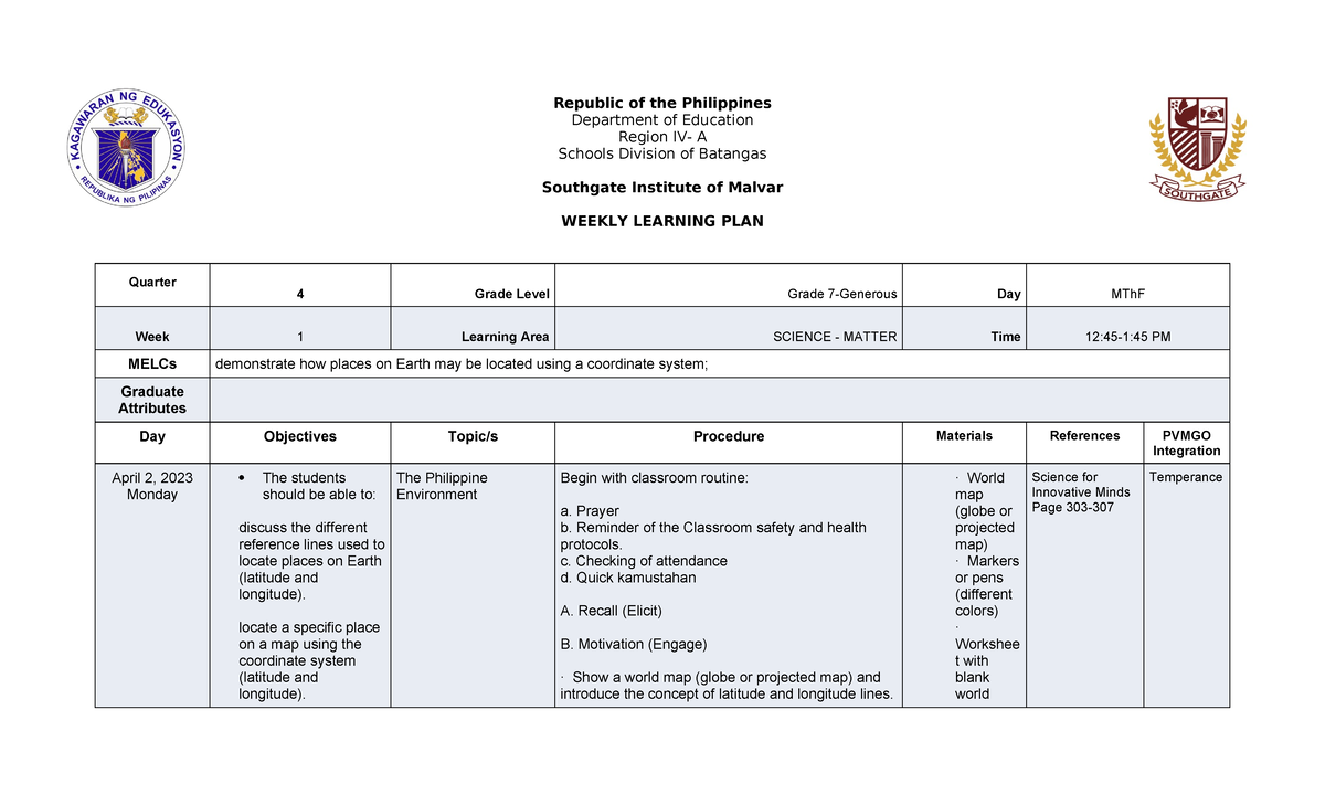 Quarter 4 WEEK 1 LP - Republic of the Philippines Department of ...