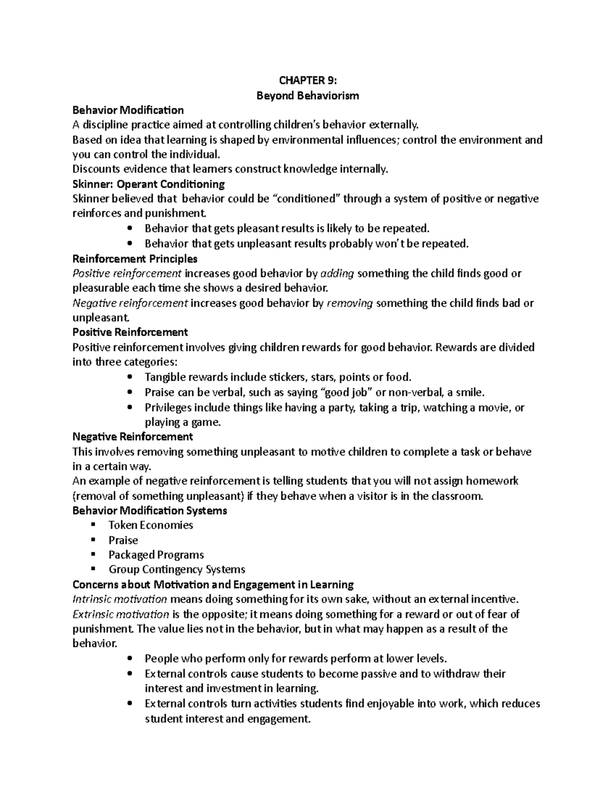 Chapter 9 - CHAPTER 9: Beyond Behaviorism Behavior Modification A ...