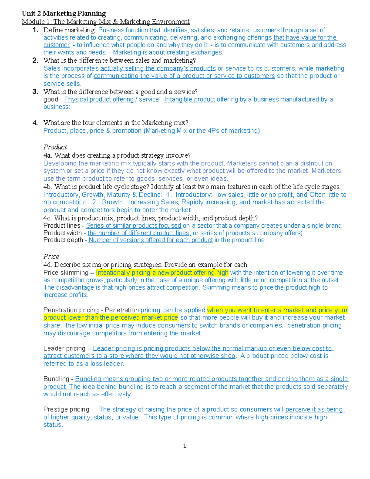 D077 Studey Questions (Full Set) (3)-Marketing Class - Unit 2 Marketing ...