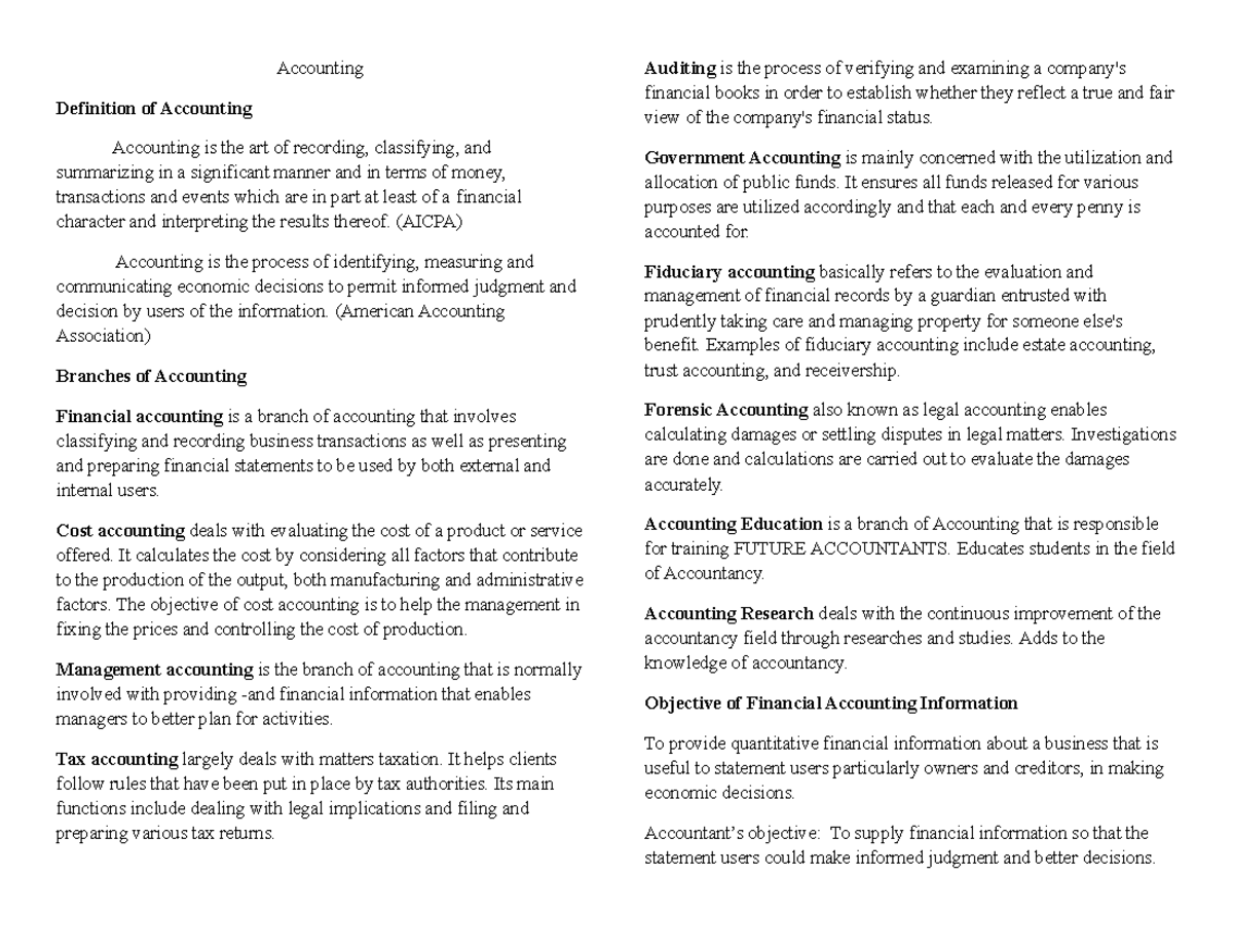 Accounting - Lecture notes 1 - Accounting Definition of Accounting ...