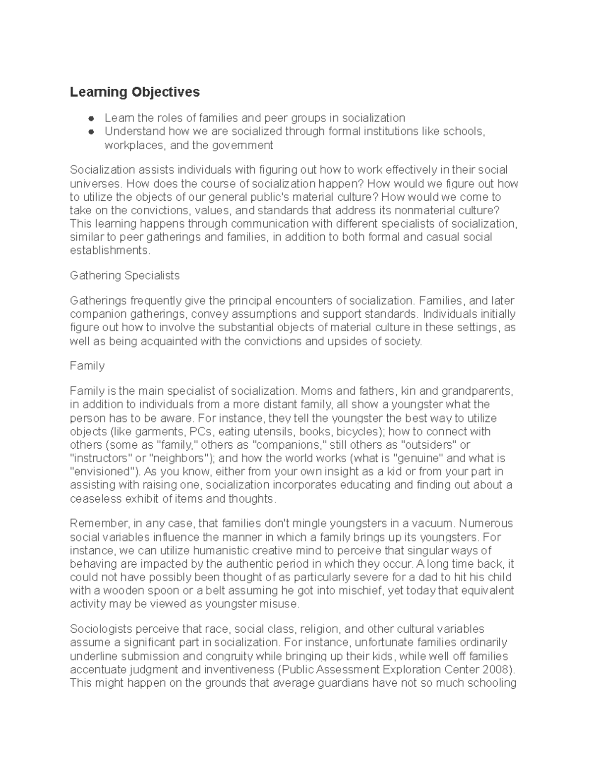 Chapter 5.3 Notes - Learning Objectives Learn the roles of families and ...