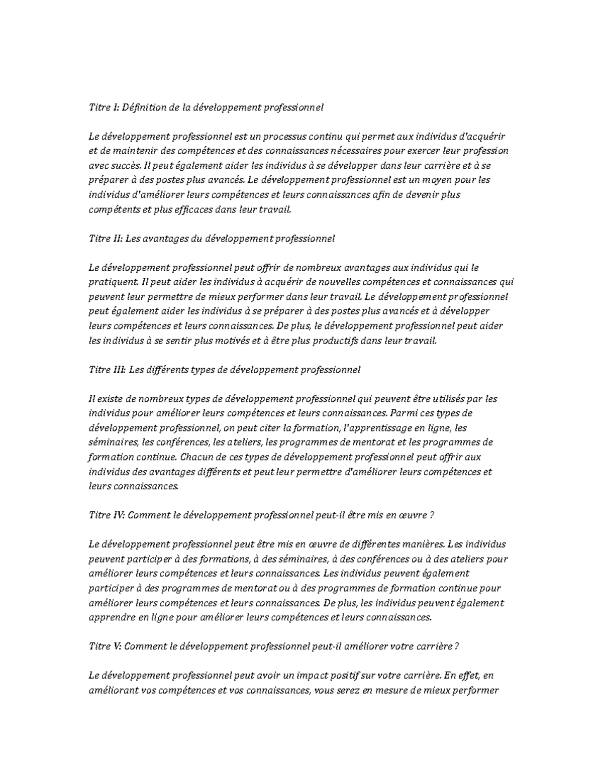 Professional Development note study - Titre I: Définition de la ...