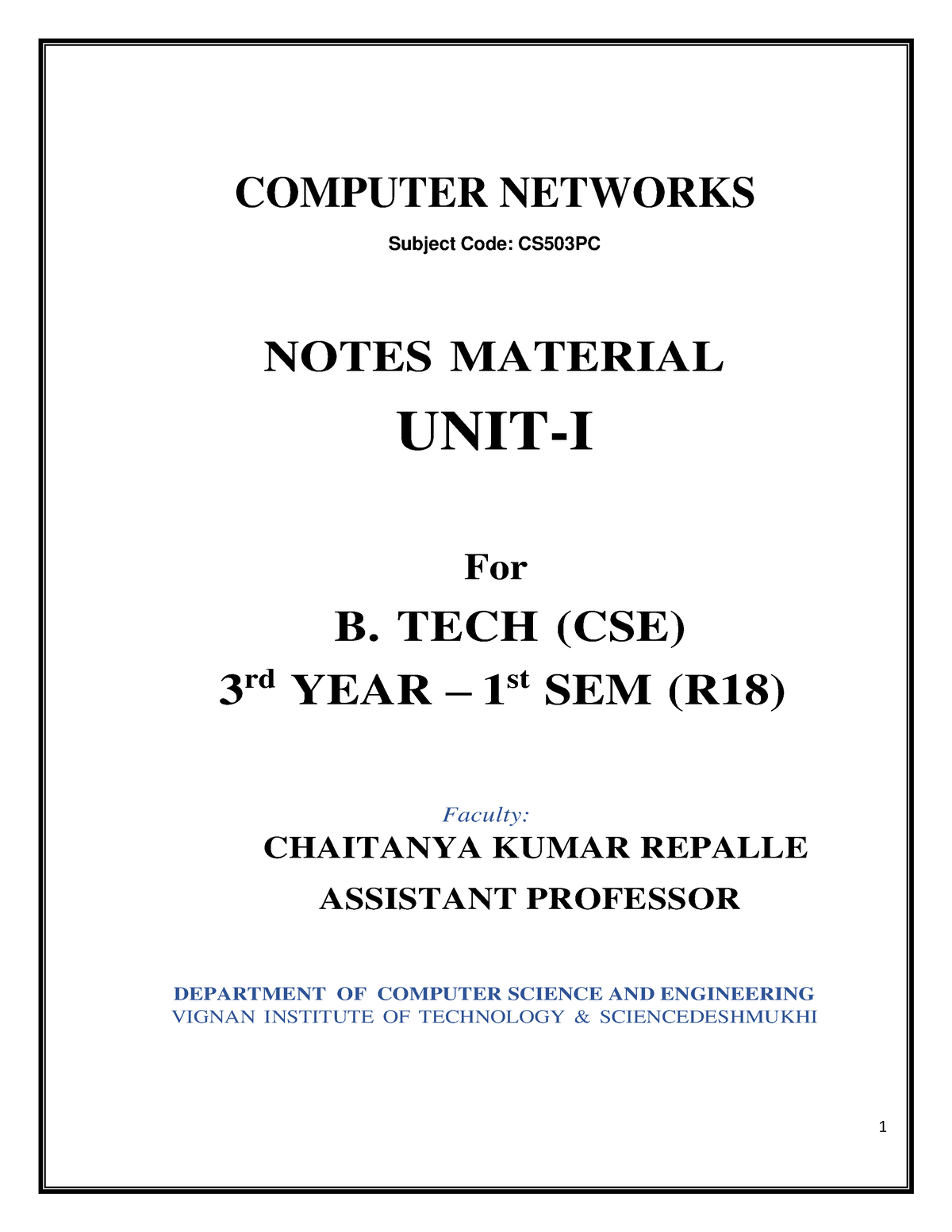 CN UNIT-I Notes - COMPUTER NETWORKS Subject Code: CS503PC NOTES ...