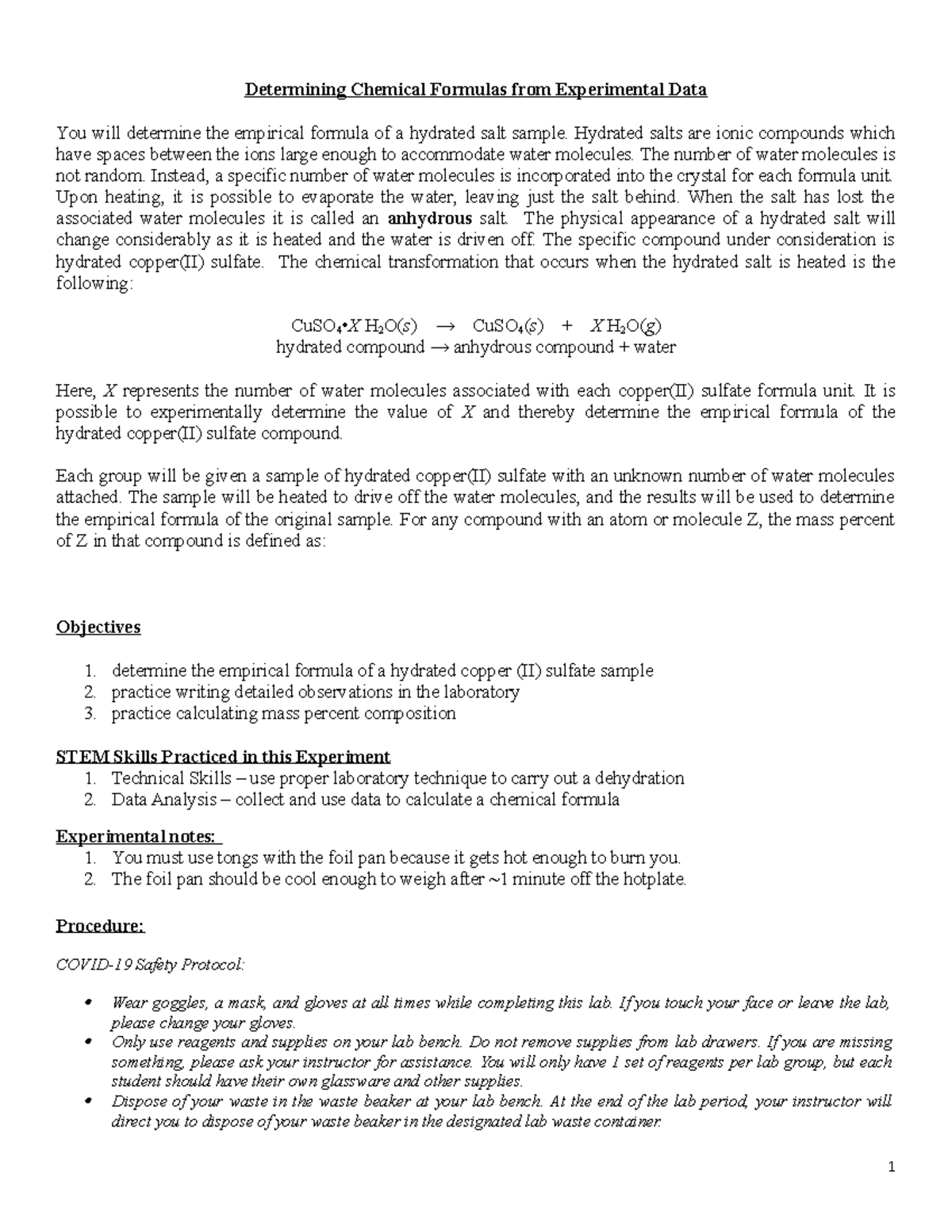 CHEM 1211K - Determining Chemical Formulas Lab - Determining Chemical ...