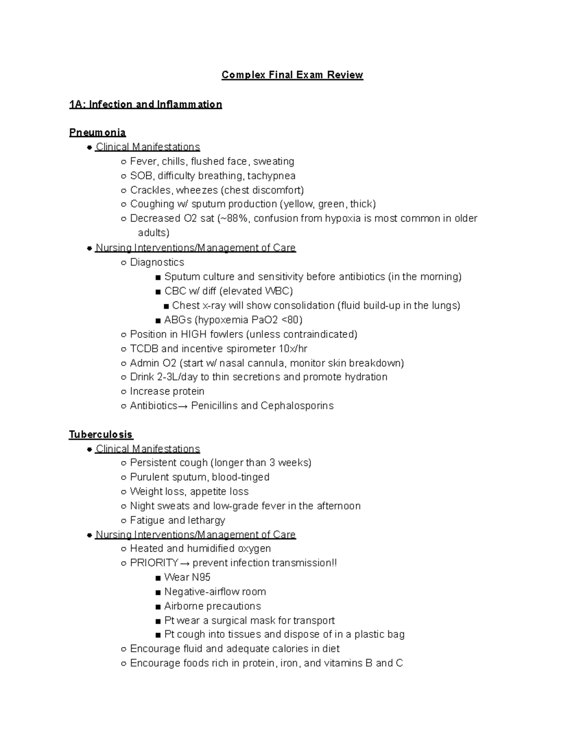 Complex 1 Final Exam Ttu Complex Final Exam Review 1A Infection