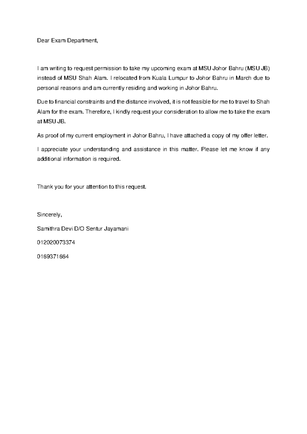 Samithra-Requesting Letter to Sit Exam At MSU JB - Dear Exam Department ...