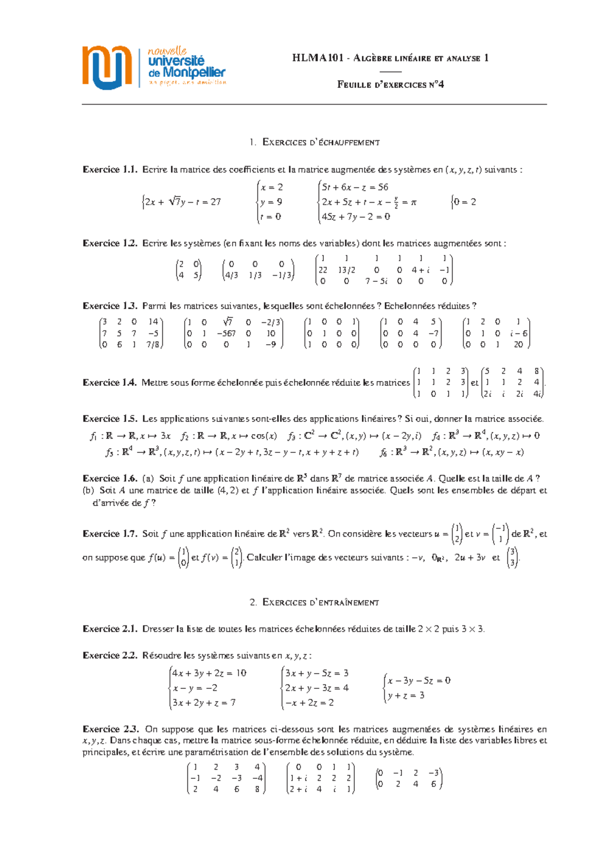 Exercices 4 - HLMA101 - Alg`ebre Lin´eaire Et Analyse 1 —— Feuille D ...