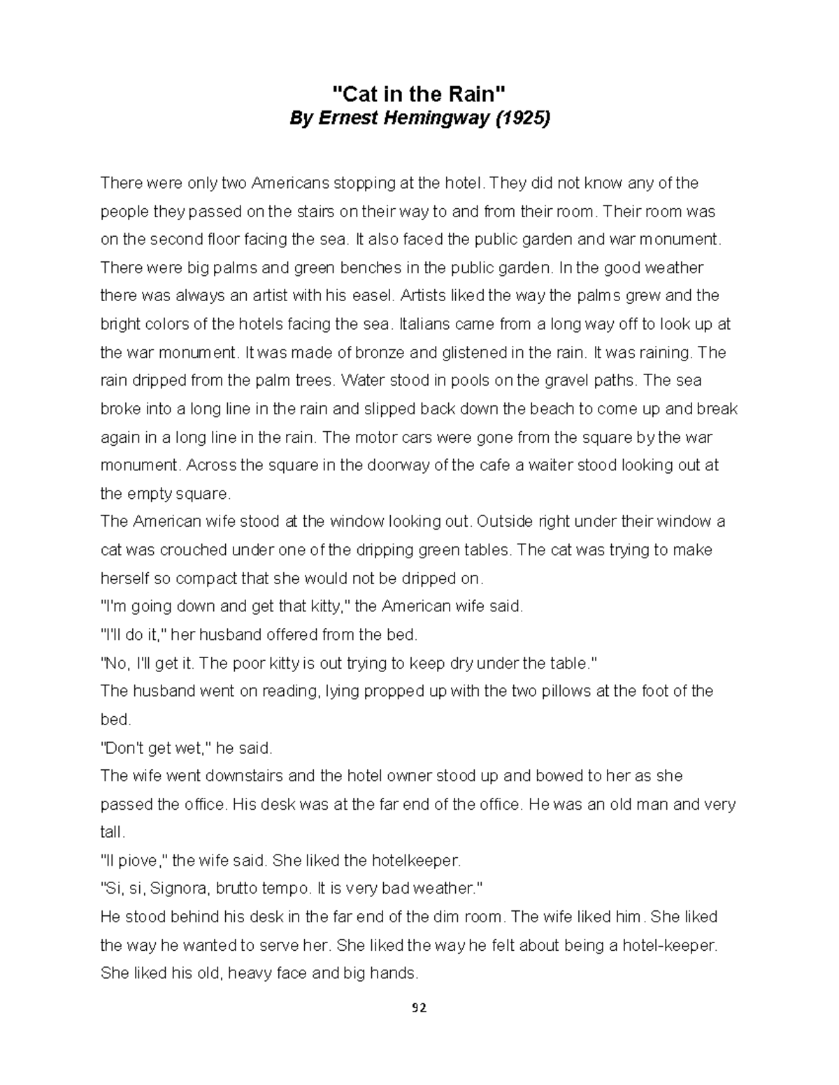 THE CAT IN THE RAIn by MARK Twain 92 "Cat in the Rain" By Ernest