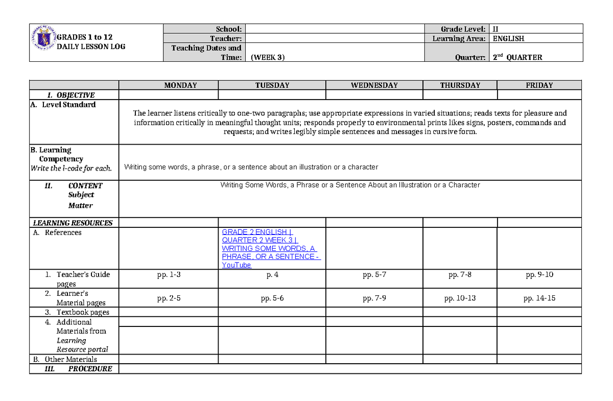 Dll English 2 Q2 W3 Daily Lesson Log Grades 1 To 12 Daily Lesson Log School Grade Level Ii 6980