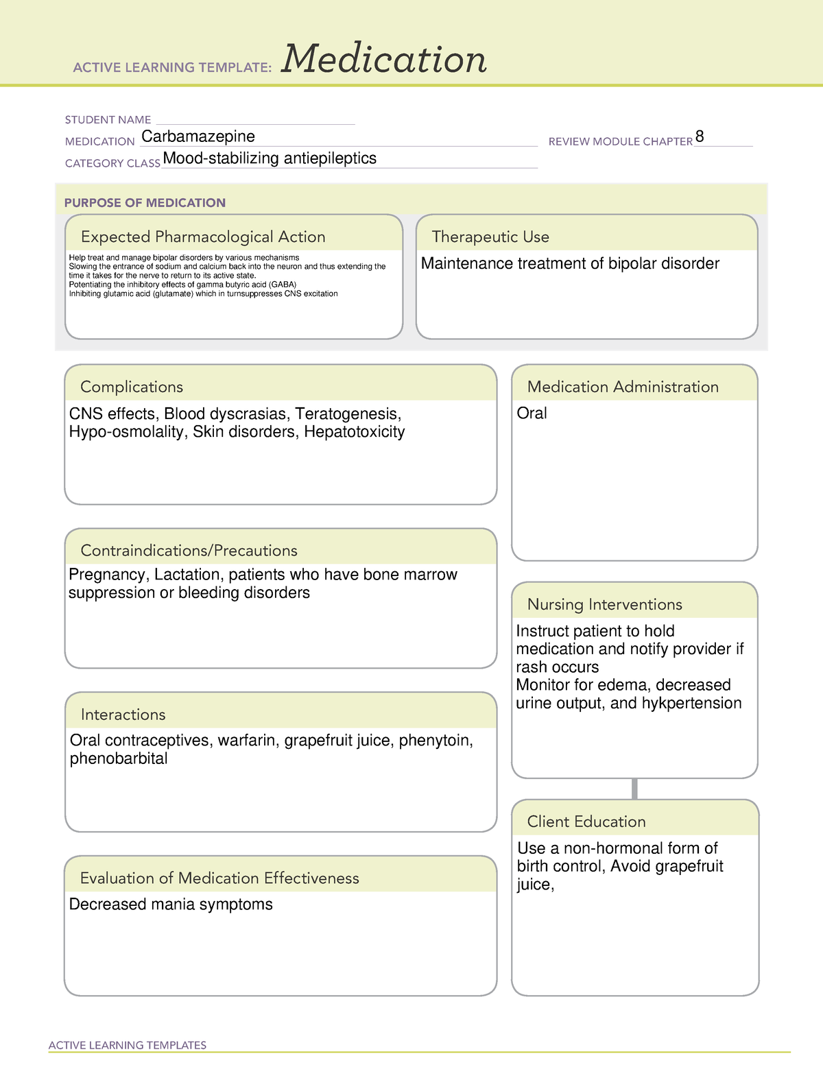 Carbamazepine - ATI med sheet - ACTIVE LEARNING TEMPLATES Medication ...