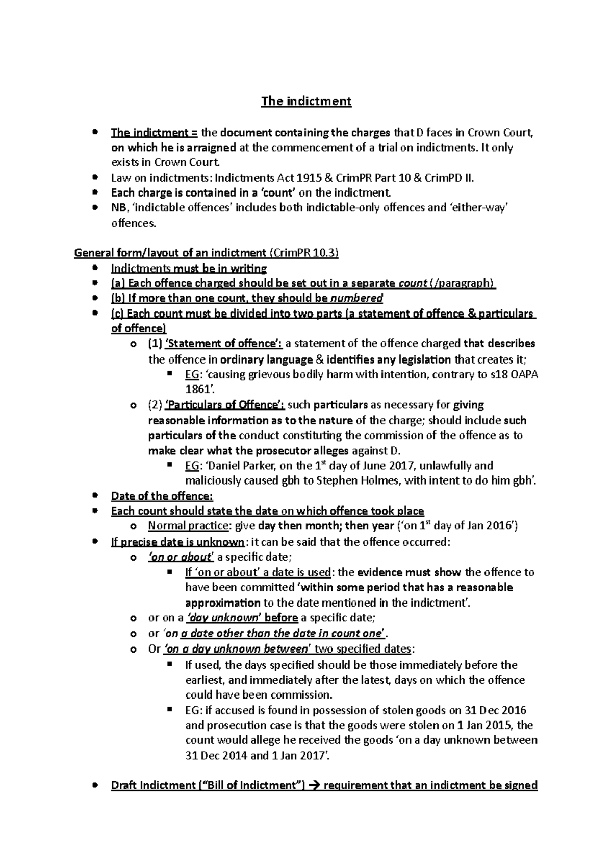 Indictment - Crim Notes - The Indictment The Indictment = The Document ...