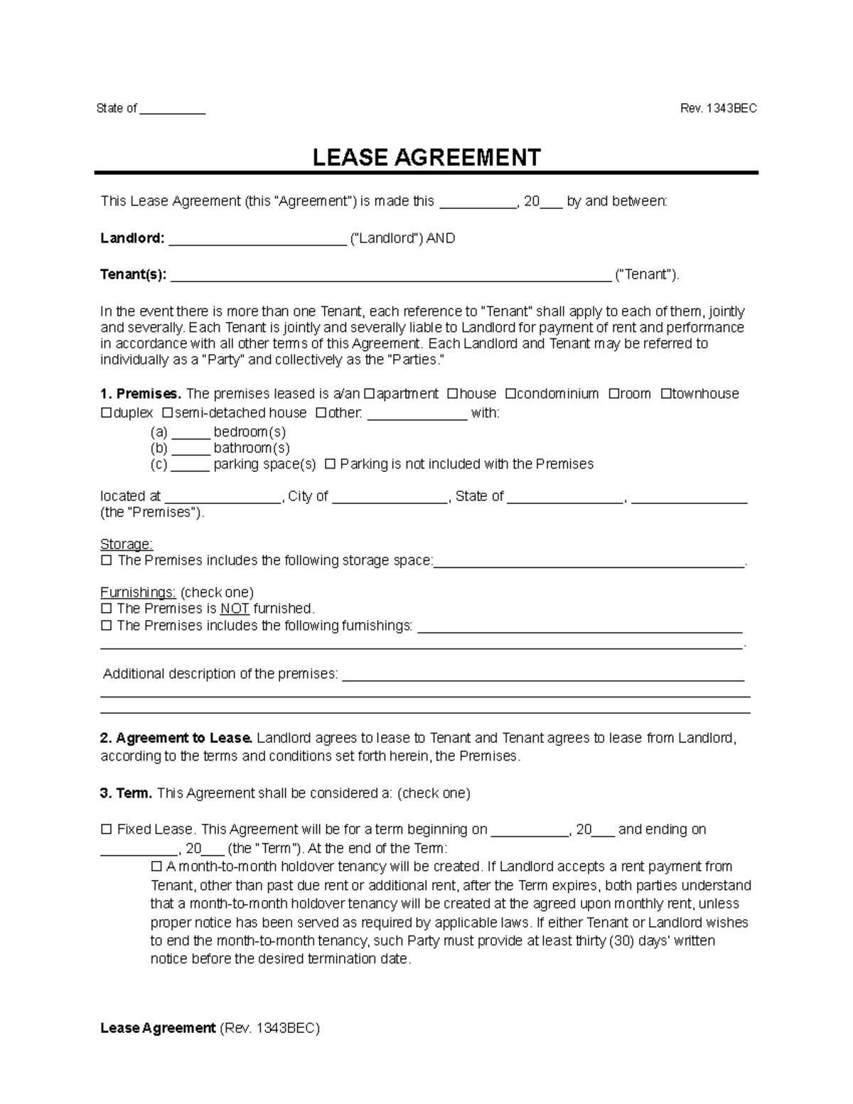 Standard residential rental lease agreement - State of __________ Rev ...