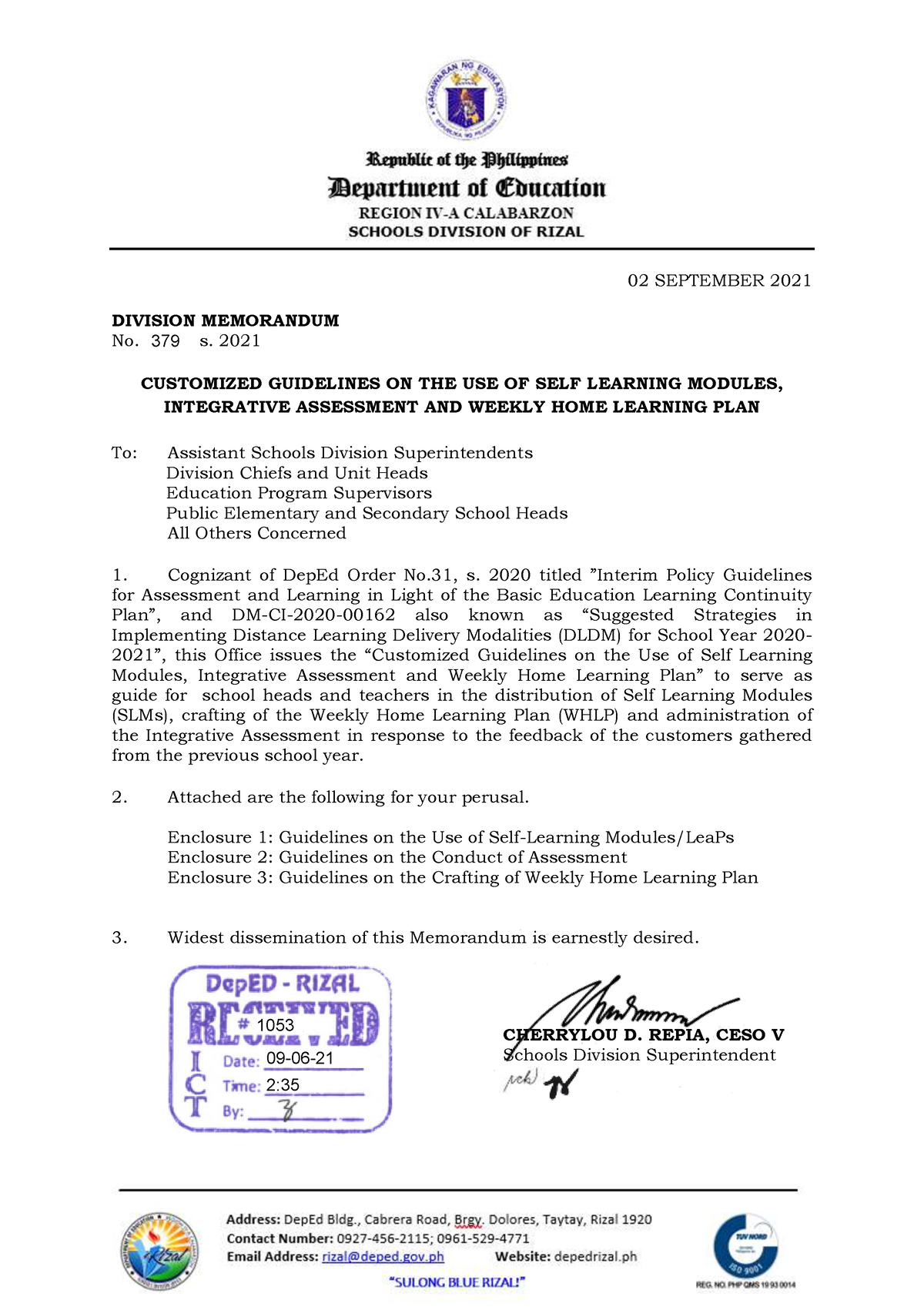 Division Memorandum No. 379, s. 2021.pdf SLM Guidelines - 02 SEPTEMBER ...