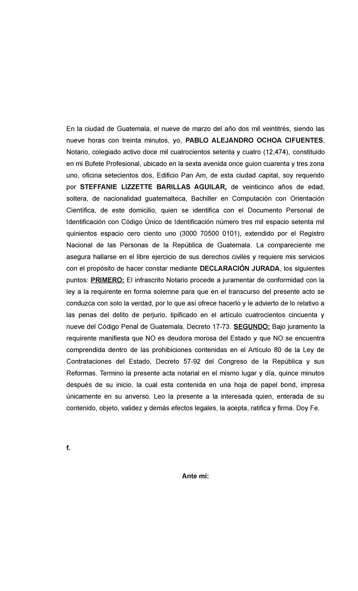 Declaración Jurada No deudor del Estado y no prohibicion del Articulo ...