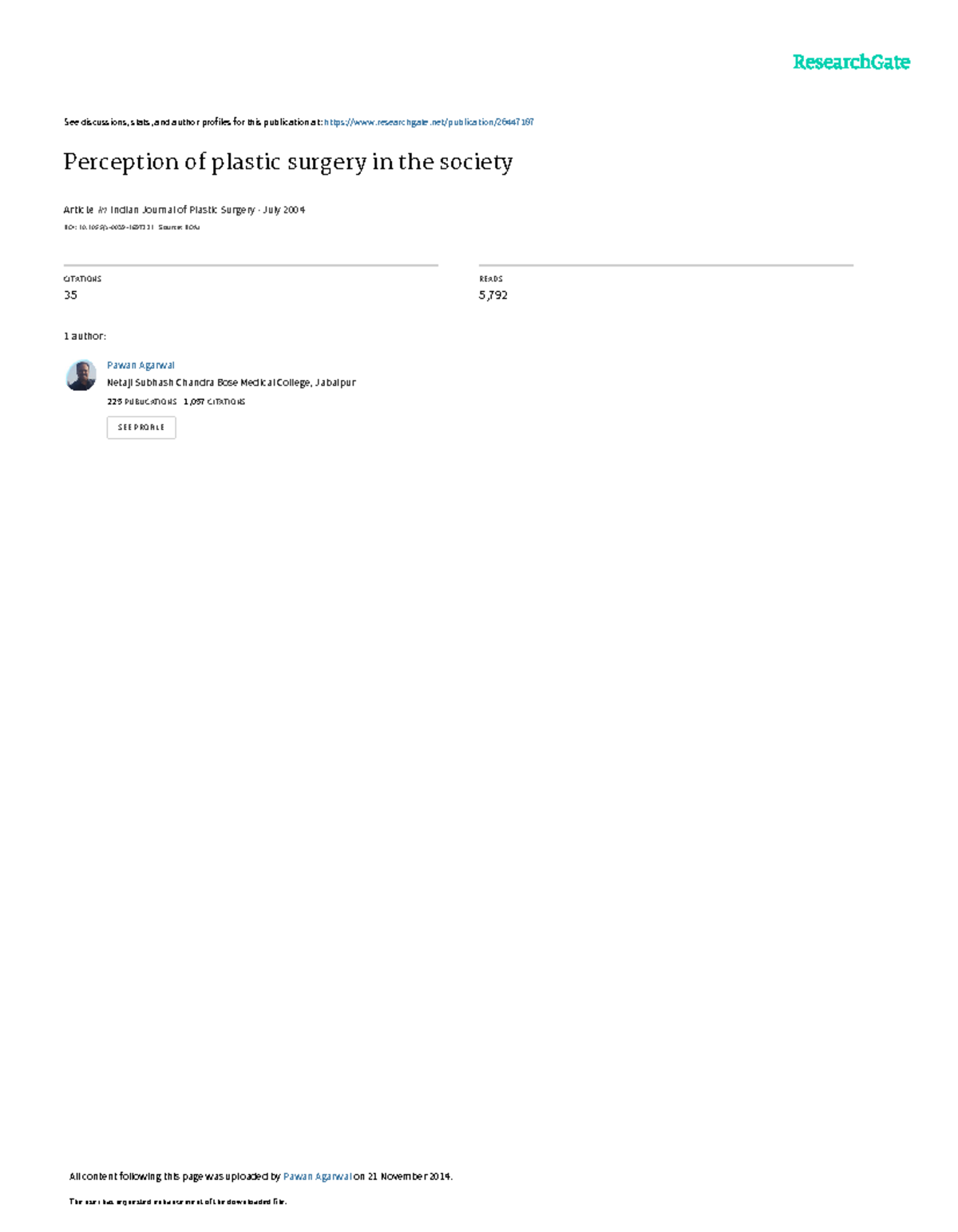 Perception of plastic surgery in the society - See discussions, stats ...