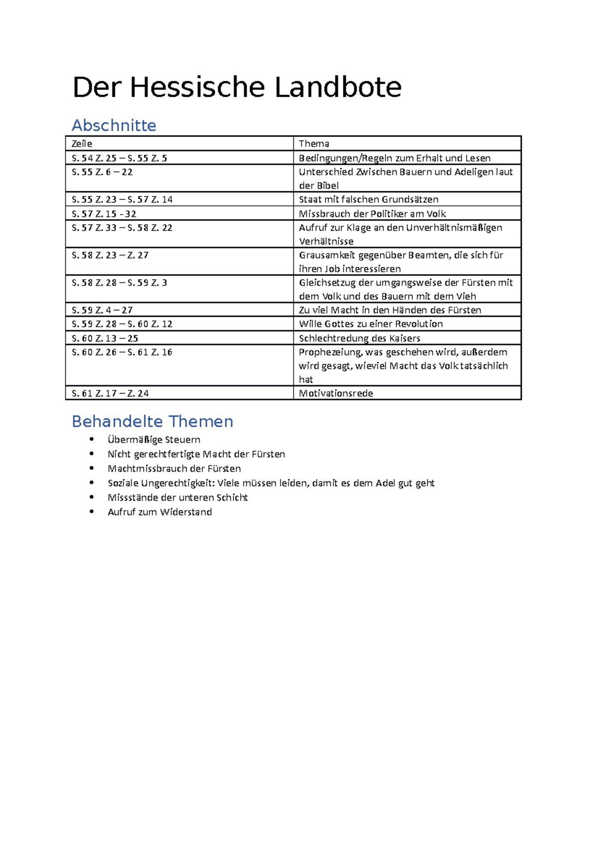 Der Hessische Landbote Zusammenfassung Der Hessische Landbote - Gliederung in Textabschnitte - Der Hessische