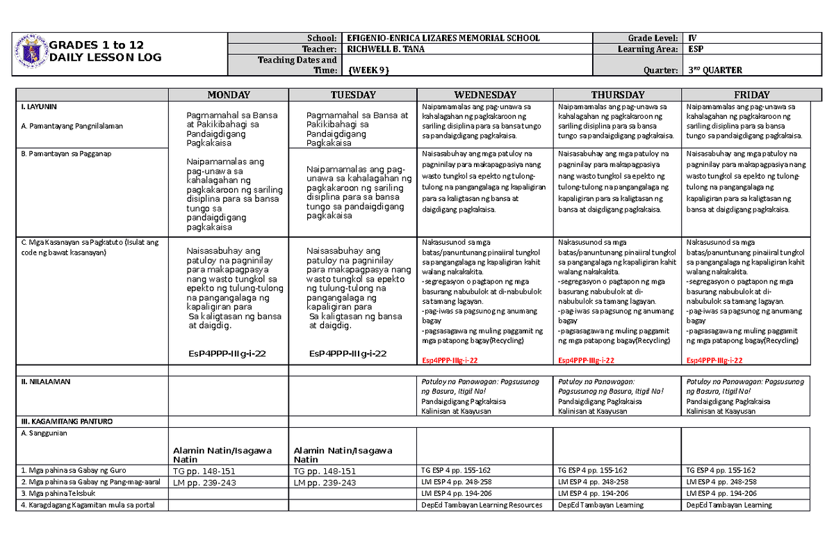 Dll Esp 4 Q3 W9 Grades 1 To 12 Daily Lesson Log School Efigenio