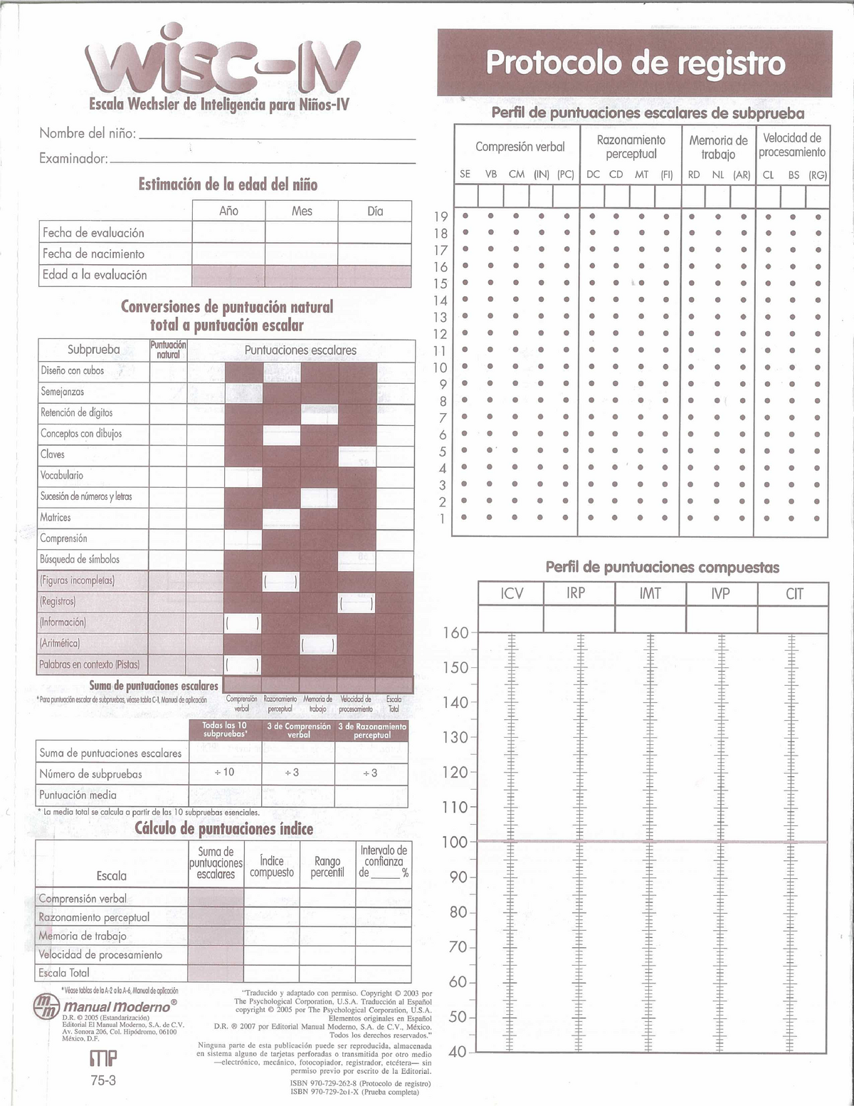 WISC-IV Protocolo De Registro [Manual Moderno] - Psicología - Studocu