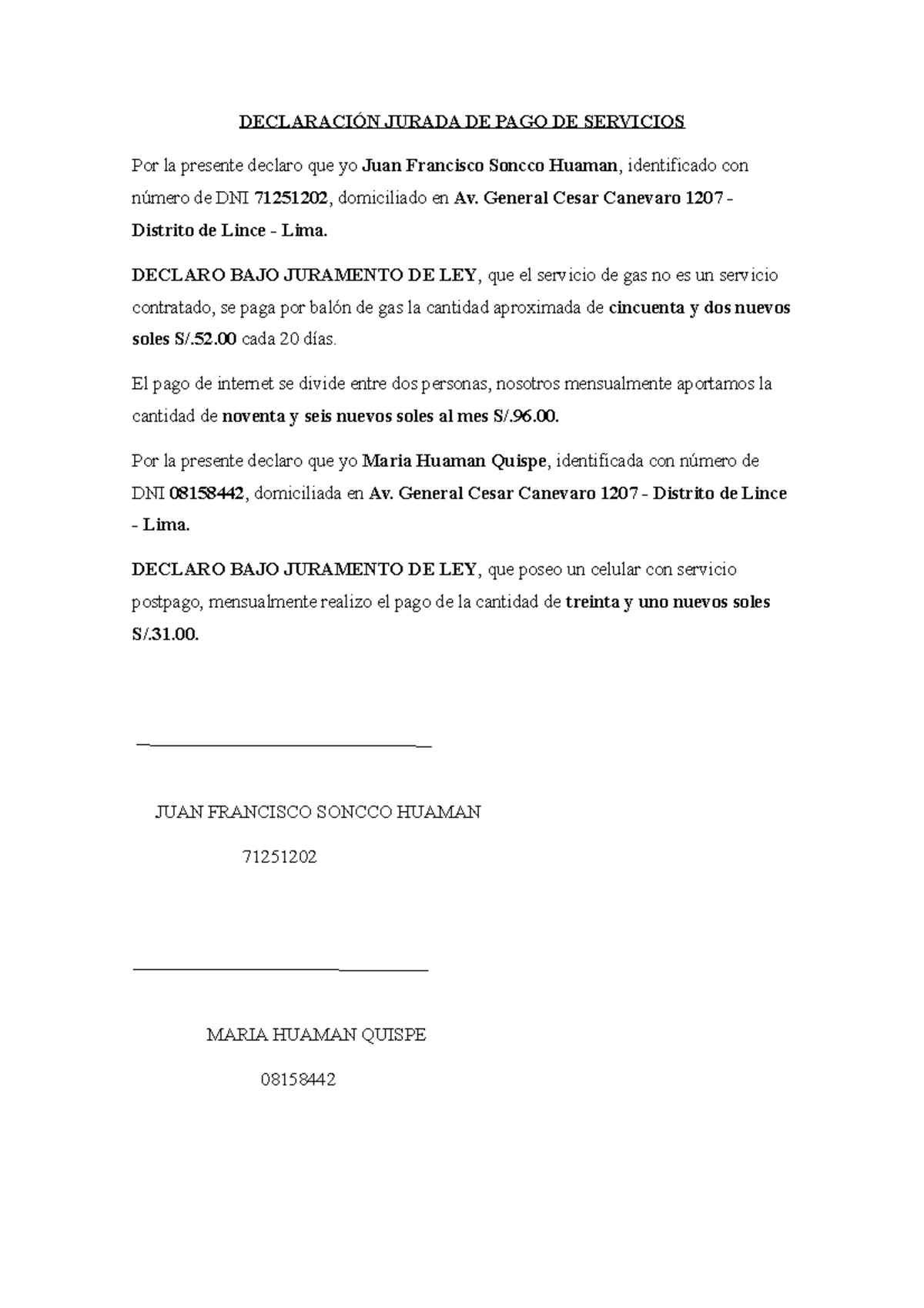 Declaración Jurada DE PAGO DE Servicios - DECLARACIÓN JURADA DE PAGO DE ...
