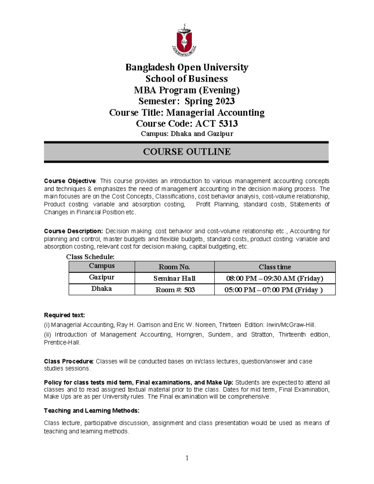 PMBA. Course Outline. ACT 5313. Spring 2023 - 1 Bangladesh Open ...