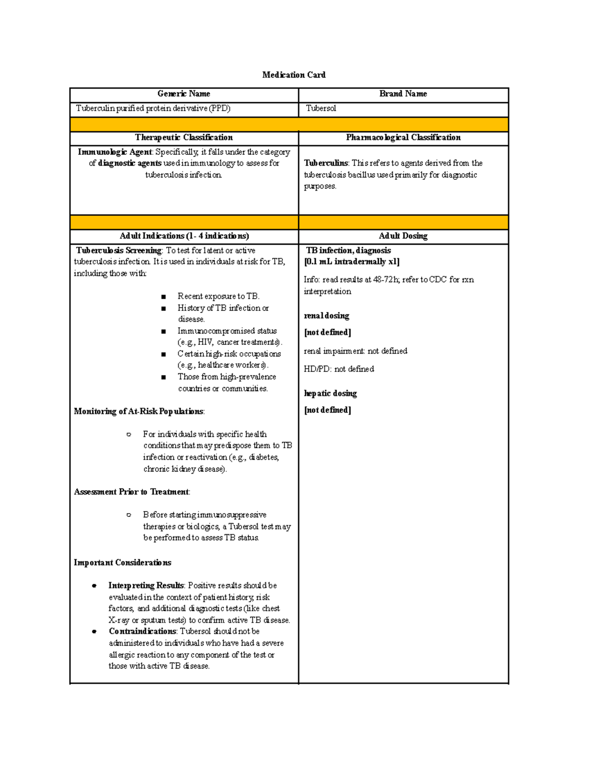Med Cards week 5 - Medication Card Generic Name Brand Name Tuberculin ...