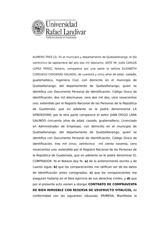 Contrato DE Compraventa DE BIEN Inmueble CON Reserva DE Usufructo Vitalicio  - NUMERO TRES (3). En el - Studocu