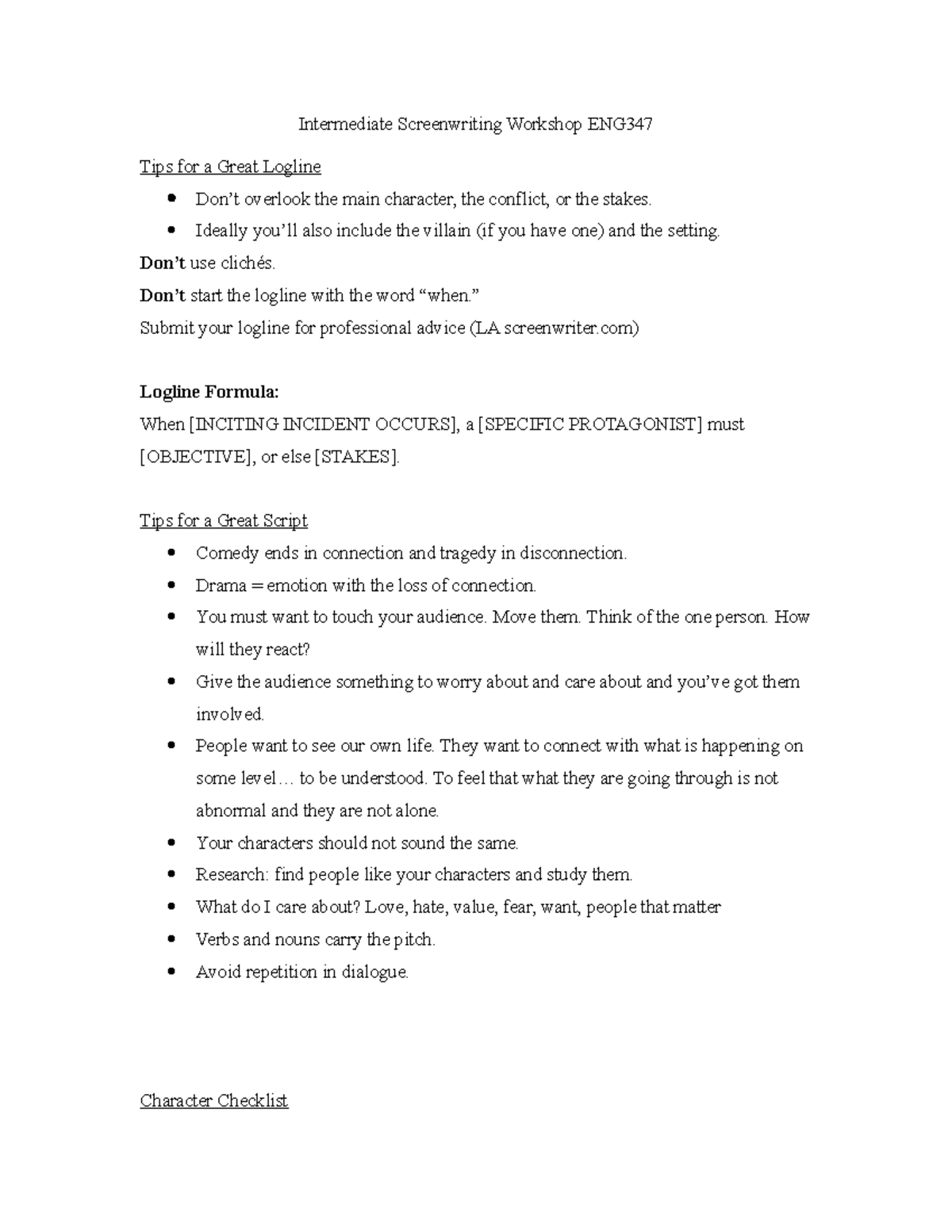 Screenwriting Notes Intermediate Screenwriting ENG Tips for