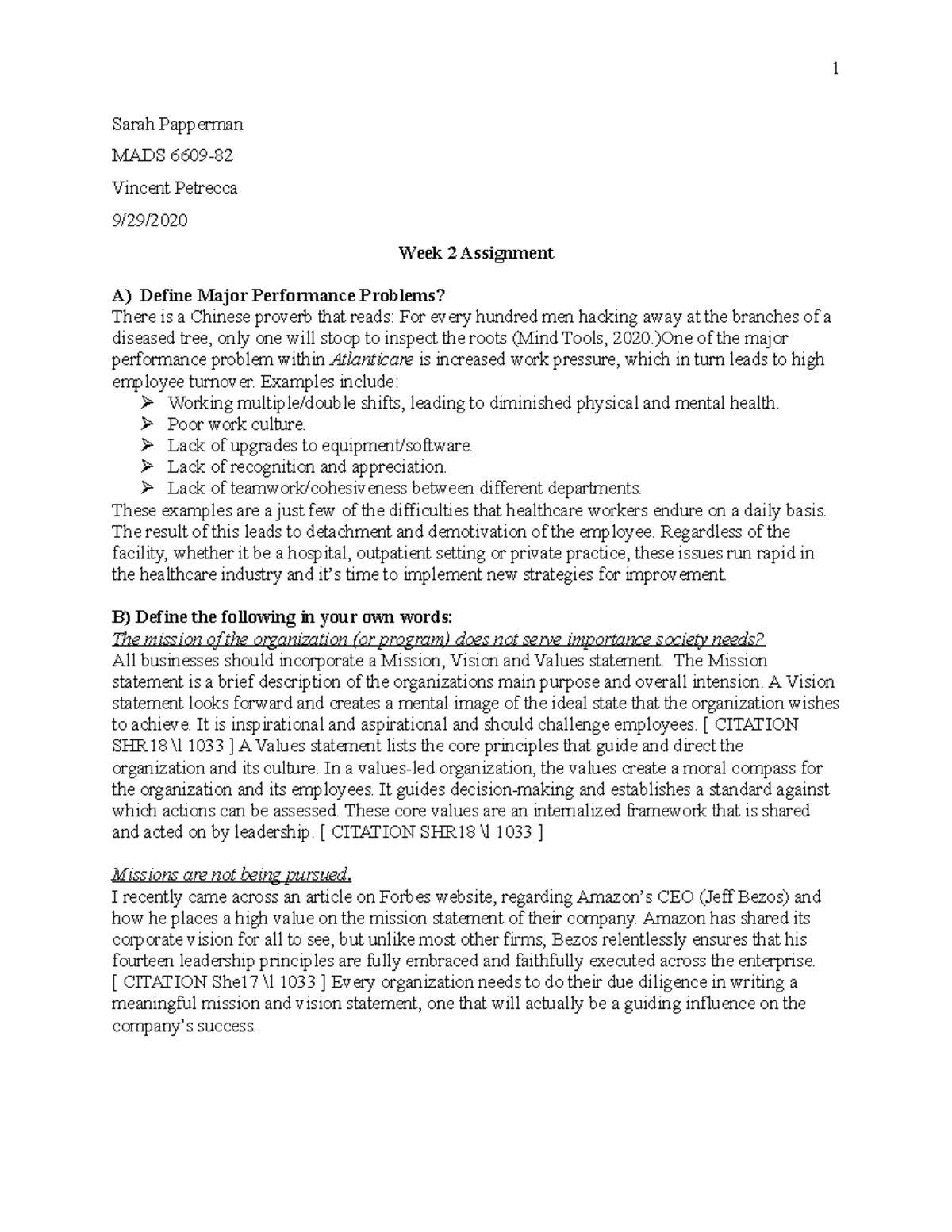 Assignment 2 - Human Resource Management - Sarah Papperman MADS 6609 ...