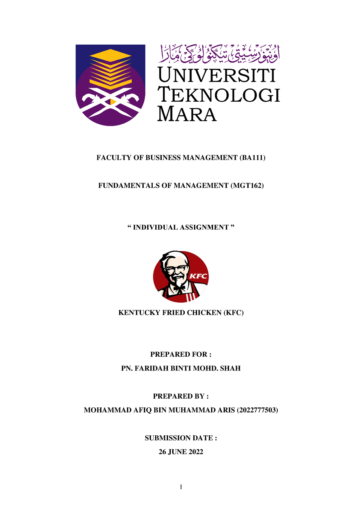 MGT162 Individual Assignment Pdf - Business Studies - UiTM - Studocu