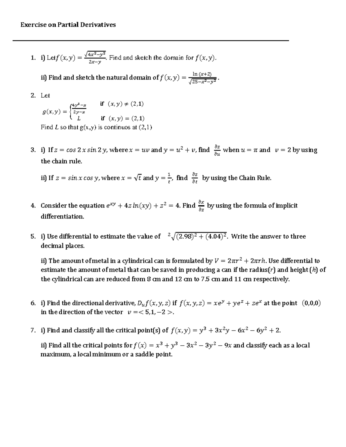 Exercise On Partial Derivatives With Solution Exercise On Partial Derivatives I LetĀ ý þ √