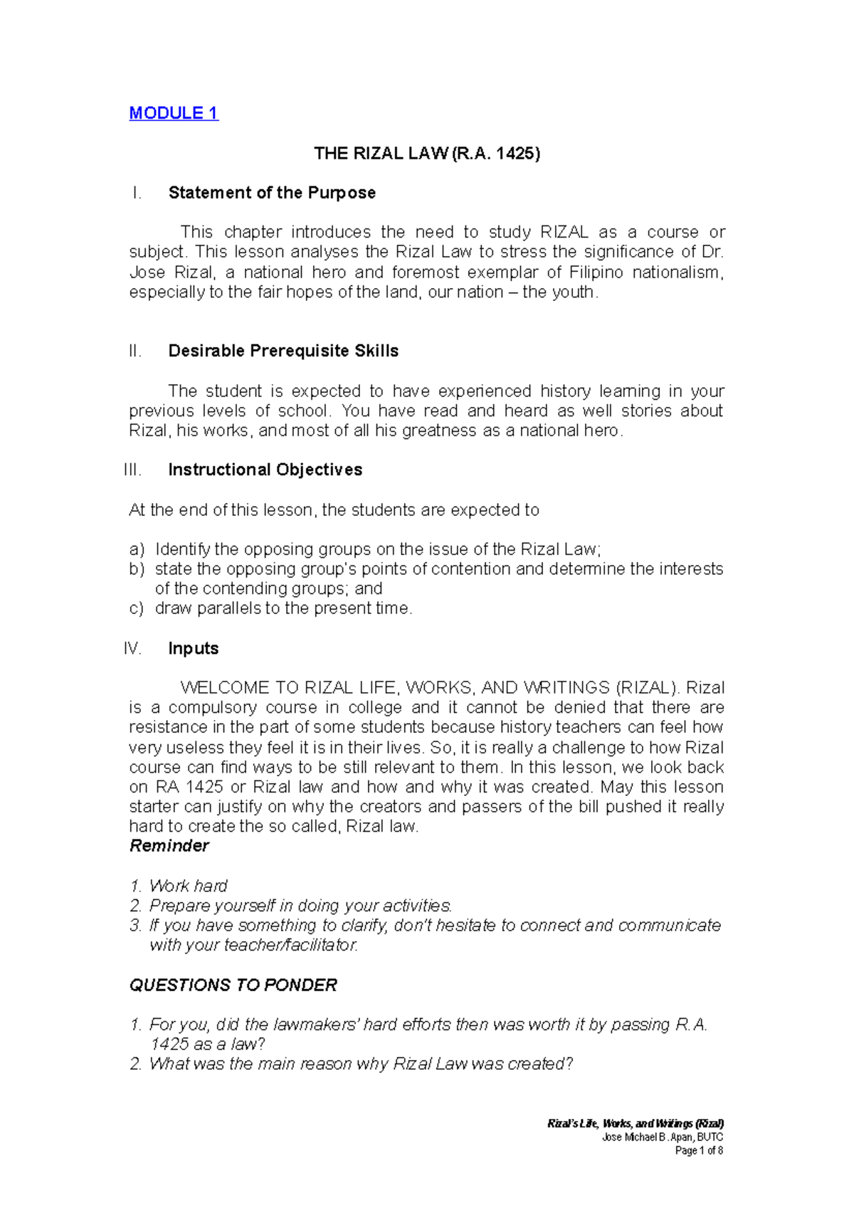 Rizal Module 1 The Rizal Law - MODULE 1 THE RIZAL LAW (R. 1425) I ...