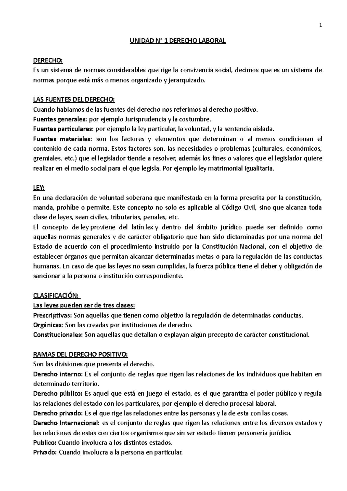Resúmen de Derecho y Legislación Laboral - UNIDAD N° 1 DERECHO LABORAL ...