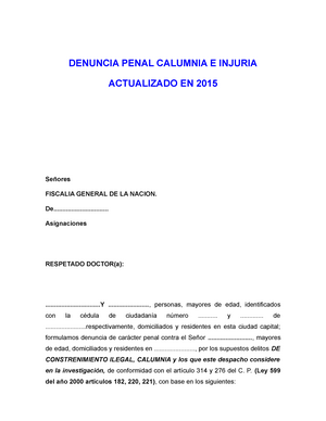 Denuncia Penal Injuria Y Calumnia ( Perdida DE Dinero EN Inmueble) -  DENUNCIA PENAL CALUMNIA E - Studocu