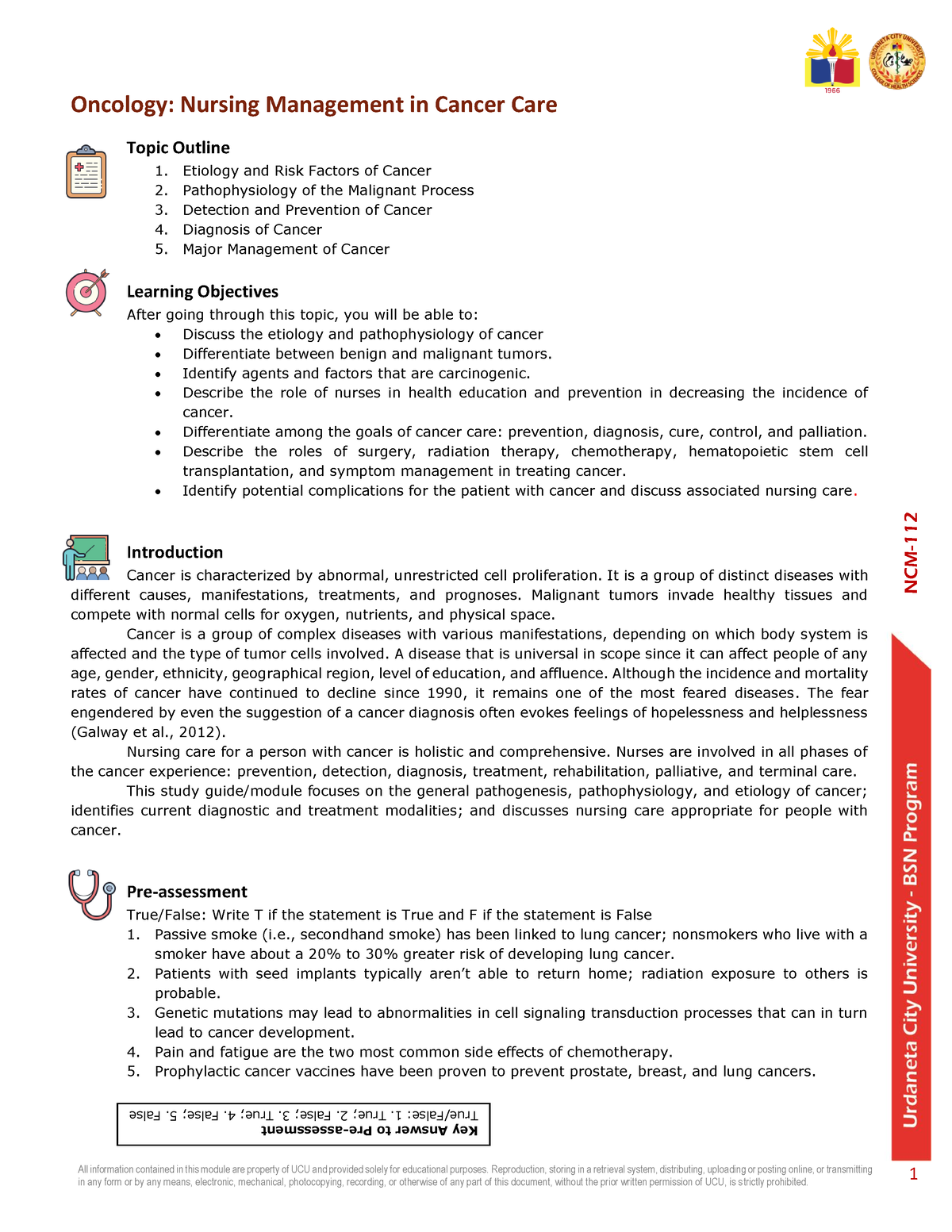 Study Guide 11 Oncology, Nursing Management In Cancer Care (for ...