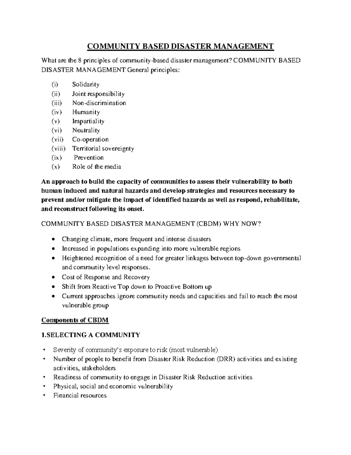 Community Based Disaster Management Community Based Disaster