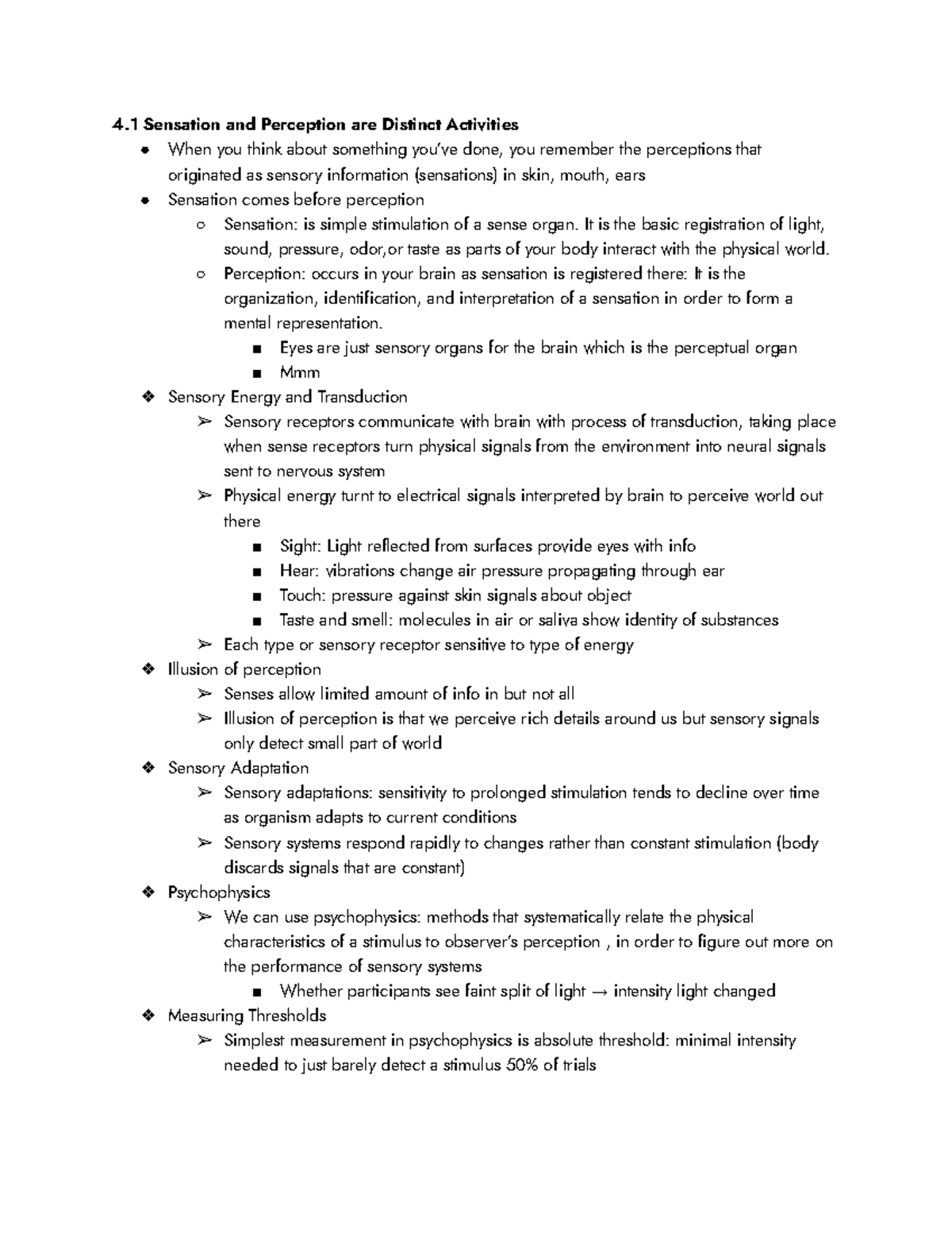 Psych Exam 2 - Summary of entire content for Exam 2 - 4 Sensation and ...