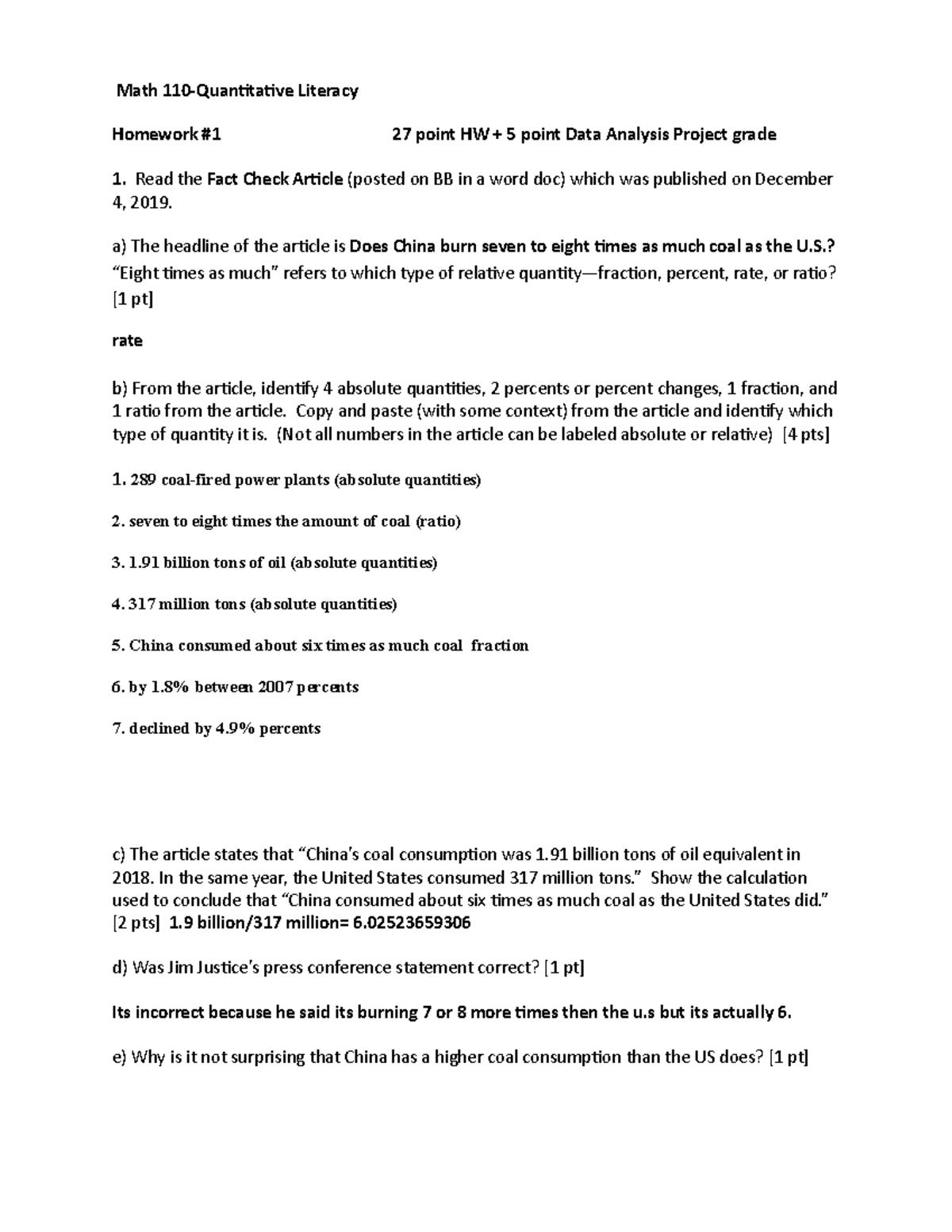 Homework 1- Math 110 - Math 110-Quantitative Literacy Homework #1 27 ...