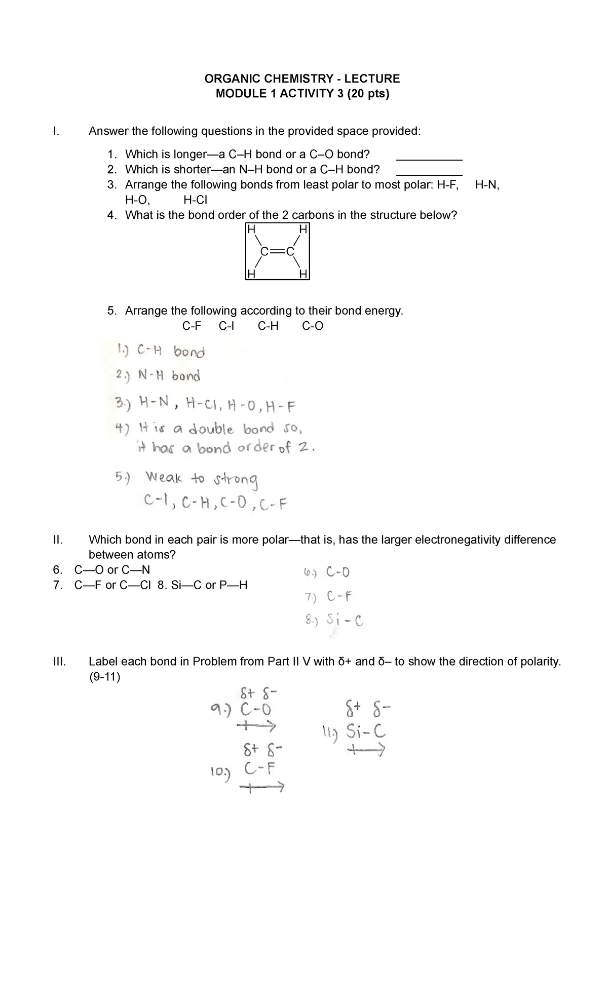 Module 1 Activity 3 - ORGANIC CHEMISTRY - LECTURE MODULE 1 ACTIVITY 3 ...