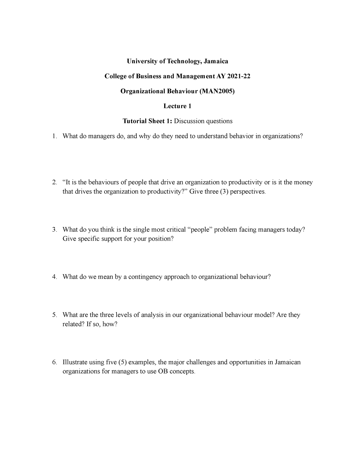 OB Tutorial Sheet 1 - n/a - University of Technology, Jamaica College ...