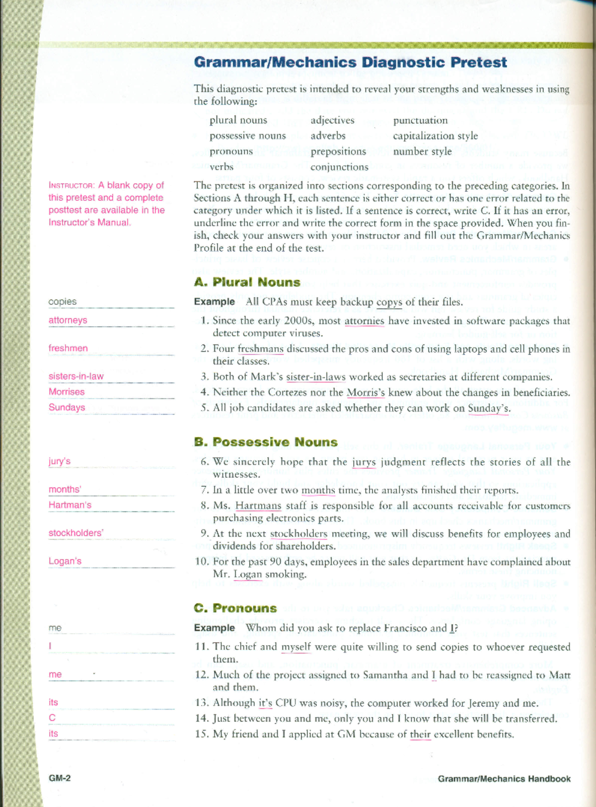 GRAM GrammarMechanics Diagnostic Pretest Answer Key (Guffey