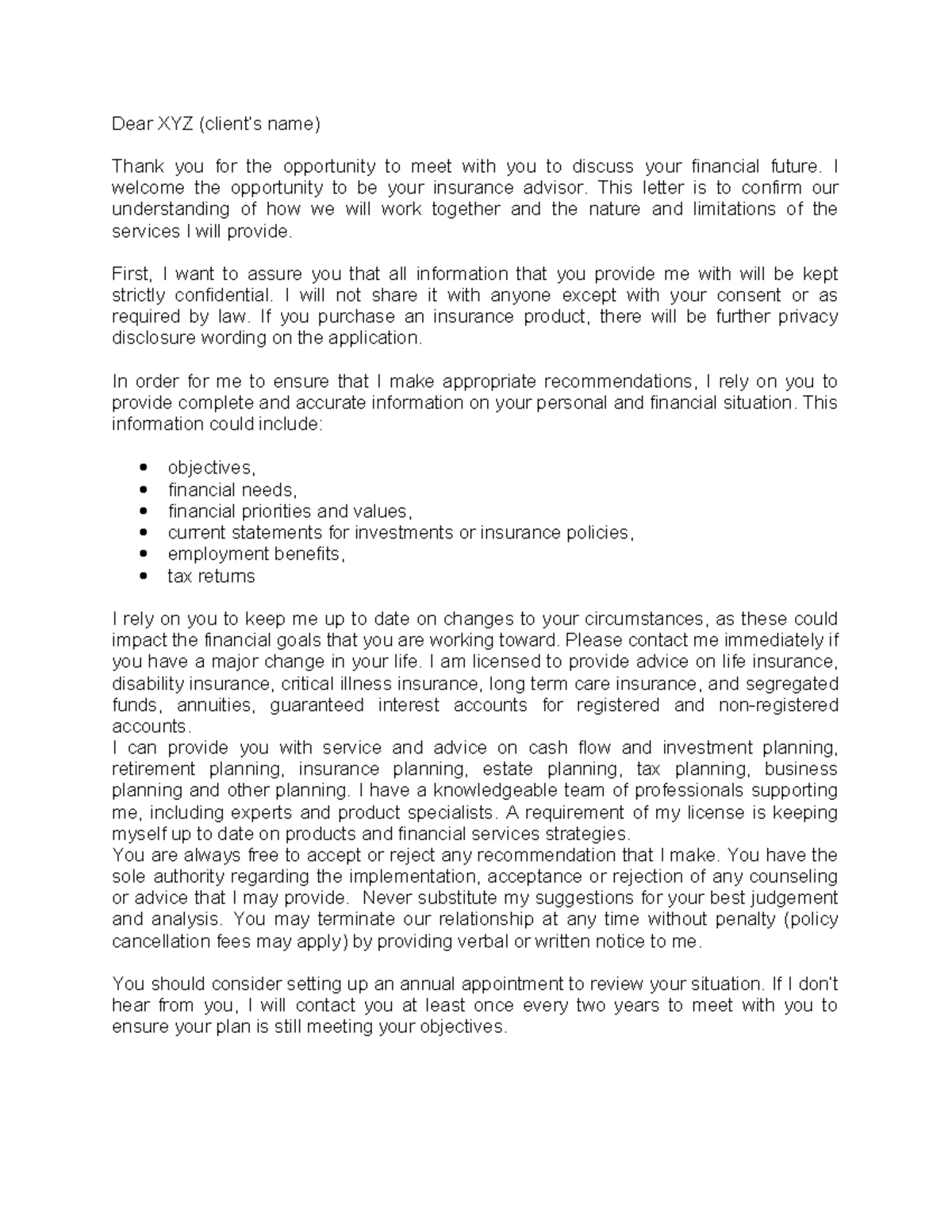 Engagement Letter - ABC - Dear XYZ (client’s name) Thank you for the ...