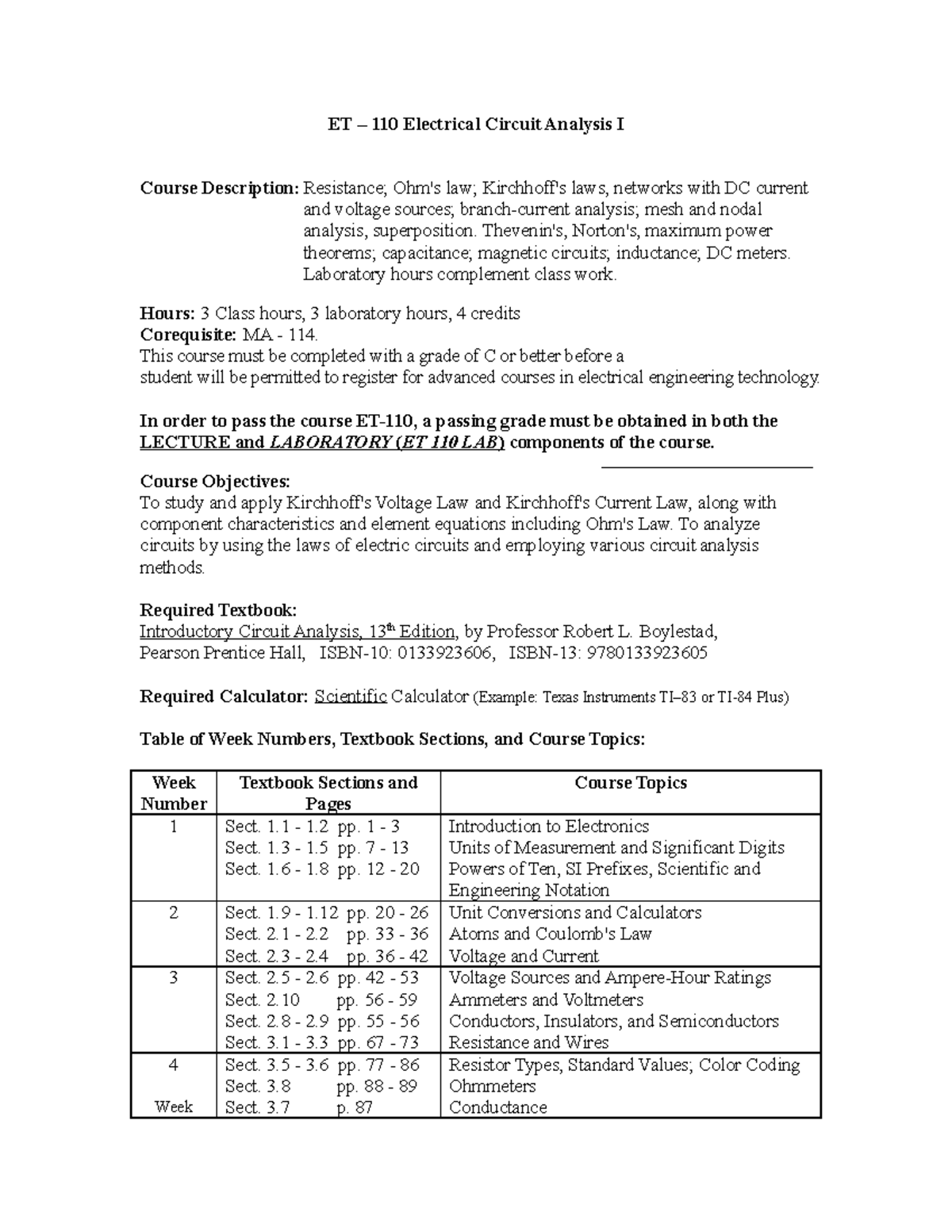 ET110 Syllabus ET 110 Electrical Circuit Analysis I Course Description Resistance; Ohm's