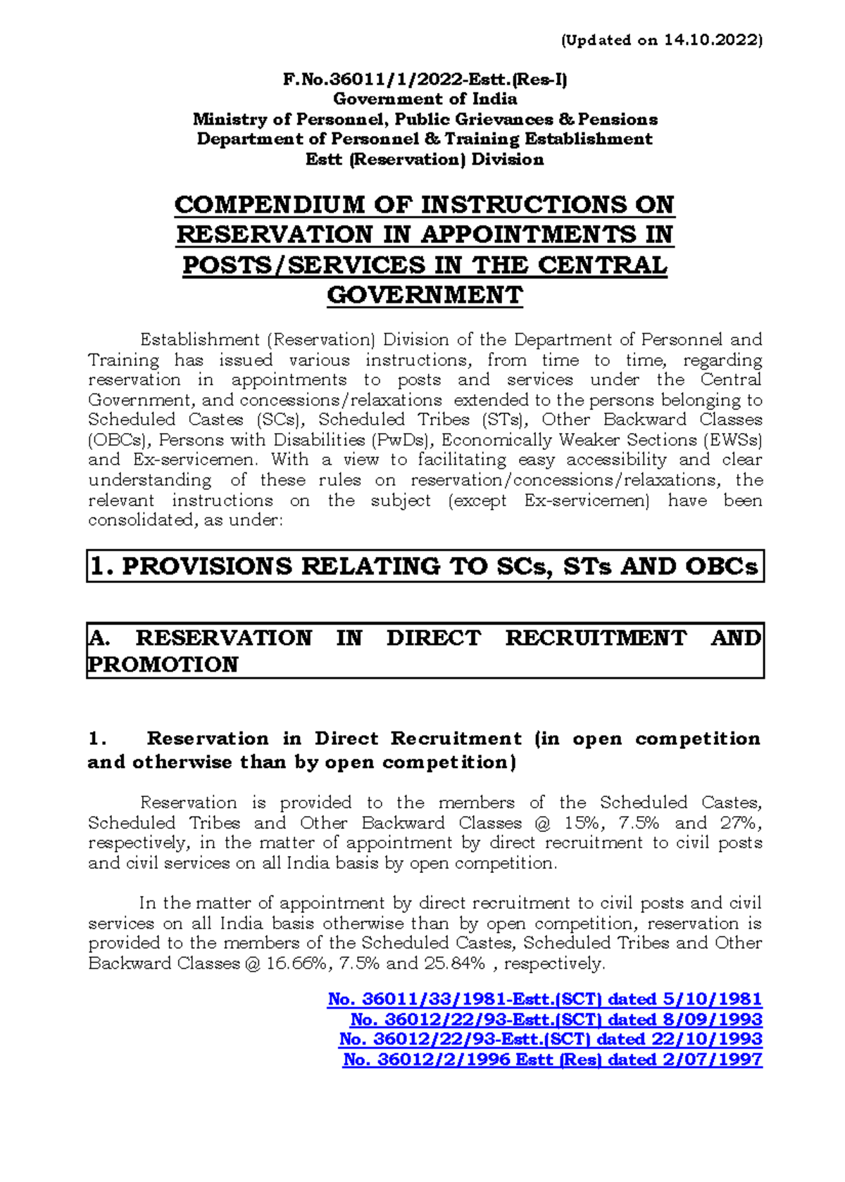 Central Govt Ews Rules - hey - (Updated on 14.10) F.No/1/2022-Estt.(Res ...