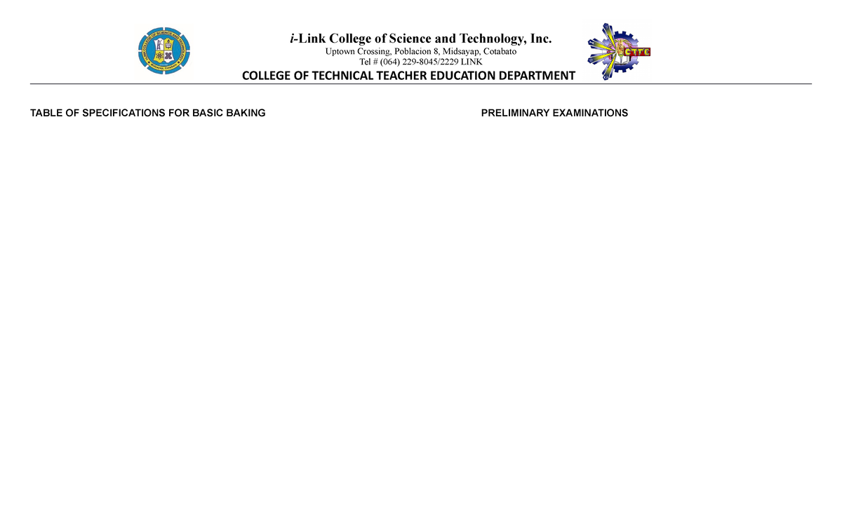 TOS- Basic Baking - Read and Comprehend - i-Link College of Science and ...