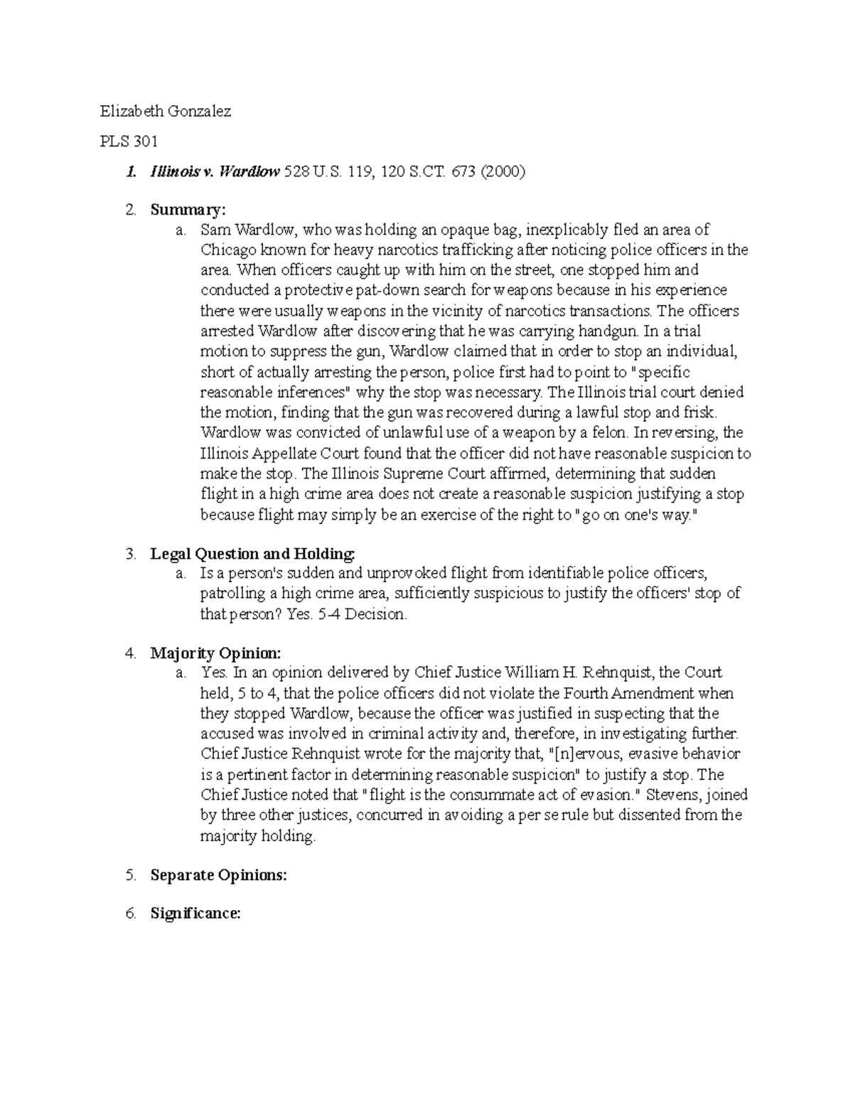 Ilinois v. Wardlow - detailed case brief of named case for ...