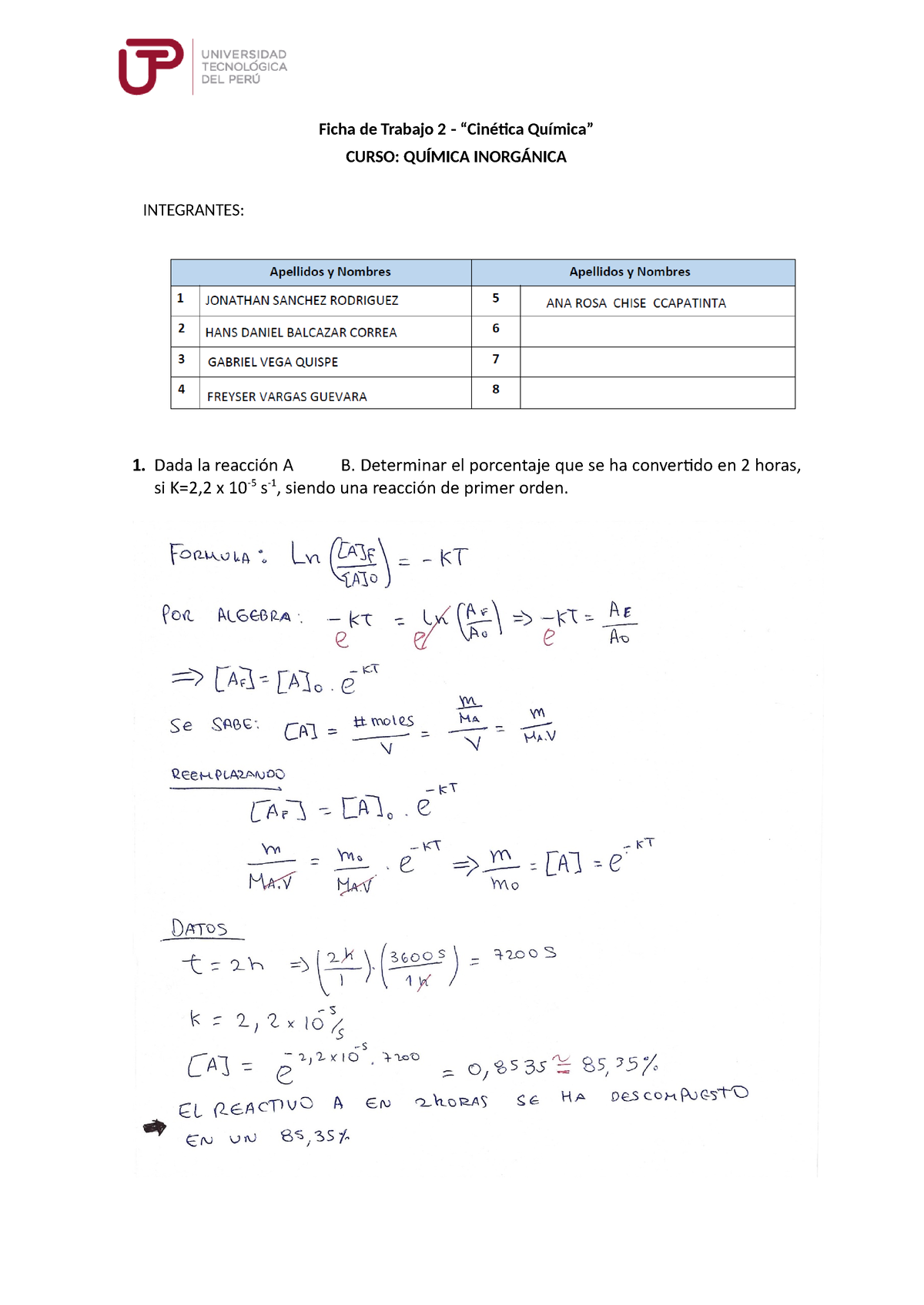 U2 S2.Ficha De Trabajo 2 - Cinetica Quimica - Ficha De Trabajo 2 ...